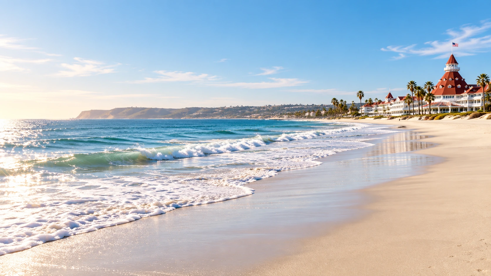 AI-generated coastal scenery inspired by Coronado: blue ocean, clean sandy beach, and a red-roofed hotel. Illustrative imagery, not a rental property view.